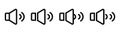 Volume icon set. Sound icon in line. Outline speaker sign in black. Volume symbol. Sound sign in line. Speaker icon set. Stock