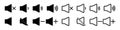 Volume icons. Mute of sound. Noise level from speaker. Audio outline symbols. Button for voice and play. Sign of low or up of