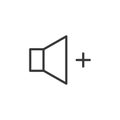 Volume increase icon. Vector thin line speaker with a plus sign for higher sound volume control