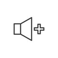 Volume increase icon. Vector thin line speaker with a plus sign for higher sound volume control