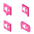 Volume mute isometric icons in speech bubbles set. Sound symbol.