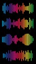 Volume spectrum collection. Multicolored audio range effect. Rainbow music signal diagram. Vivid colors equalizer charts. Sound