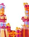 Volume style background flat illustration - mountain of gifts in bright boxes with ribbons and various textures frames from three