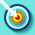 Volume Target icon in flat style on color background. White Arrow in the center aim. Vector design element for you business projec