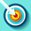 Volume Target icon in flat style on color background. White Arrow in the center aim. Vector design element for you business projec Royalty Free Stock Photo