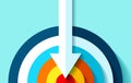 Volume Target icon in flat style on color background. White Arrow in the center aim. Vector design element for you business projec