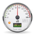 Volume unit meter. Sound audio equipment. Normal level. White glass gauge with chrome frame