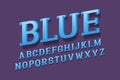 Volumetric alphabet of blue letters with curly serifs. 3d display font. Isolated english alphabet
