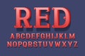 Volumetric alphabet of red letters with curly serifs. 3d retro font. Isolated english alphabet