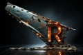 Volumetric capital letter R made of metal. Effect of compressed scrap metal, wheels, gears, parts, wire. Workpiece for