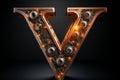 Volumetric capital letter V made of metal. Effect of compressed scrap metal, wheels, gears, parts, wire. Workpiece for