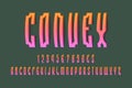 Volumetric convex alphabet, numbers and currency signs in old slavic style. 3d display font