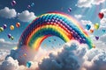volumetric 3D render of a prismatic rainbow arcing through a cluster of ethereal clouds, dotted with magic