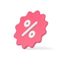 Volumetric 3d sticker with percentages. Stellate price tag clearance sale with pink discounts