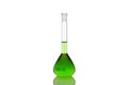 Volumetric flask with green liquid on white background