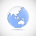 Volumetric globe in white and blue colors. 3d vector illustration with continents Eurasia, Europe, Asia, Australia, Oceania