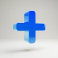 Volumetric glossy blue Plus icon isolated on white background