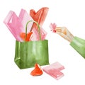 Volumetric hearts in a green bag, a hand holds a heart watercolor illustration