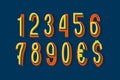 Volumetric orange yellow split-level numbers and currency signs. 3d display font
