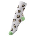 Volumetric sock with a pattern of many slices of avocado, outstretched toes, on a white background