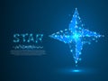 Volumetric star with four rays. Polygonal space low poly with connecting dots and lines. wireframe structure. Vector