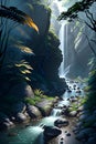 Volumetric sun rays, a jungle with rocks and a trickling river, winning illustration