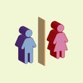 Volumetric vector: a badge of a man of blue color and a woman of pink color on a light yellow background. toilet sign