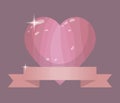 Volumetric vector pink heart with glare and gloss with peach ribbon on gray background icon drawing.