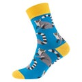 Voluminous blue fashion socks with animal prints, on a white background