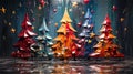 voluminous Christmas trees and stars from oil paints bright colorful drawing.