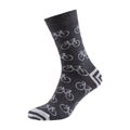 Voluminous dark gray men`s sock with a bicycle pattern, on a white background
