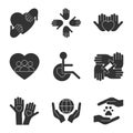 Voluntary, charity, donation black set icons. Vector stock illustration
