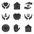 Voluntary, charity, donation black set icons. Vector stock illustration