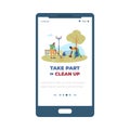 Voluntary clean up event advertising for mobile page, flat vector illustration.