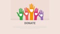 Voluntary and donation flat vector illustration. Volunteers, social workers holding hearts in palms. Children raising hands