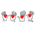 Voluntary and donation hand drawn vector illustration. Volunteers, social workers hearts and palms.raising hands. togetherness.