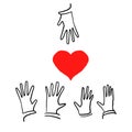 Voluntary and donation hand drawn vector illustration. Volunteers, social workers hearts and palms.raising hands. togetherness.