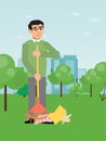 Voluntary people character male clean up outdoor park flat vector illustration. Volunteer assistant help tidy city