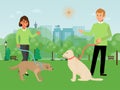 Voluntary people character male, female walking dog flat vector illustration. Volunteer assistant help hound owner, walk