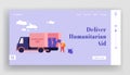 Volunteer Character Unloading Donation Humanitarian Aid Boxes Landing Page Template. Distribution of Food