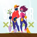 Volunteer characters. Gardener and cleaner with professional tools and respiratory masks in a natural epic pose. Summer