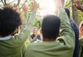 Volunteer, cleaning and group with vote for a woman in a park for the community environment. Teamwork, happy and people Royalty Free Stock Photo