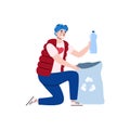 Volunteer collects trash in litter bag cartoon vector illustration isolated.