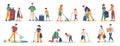 Volunteer collects trash. Men, women and children cleaning nature from garbage set. Isolated vector family picks up and