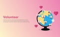 Volunteer concept with people happy icon around the world on the globe world map - vector Royalty Free Stock Photo