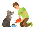 Volunteer Feeding Homeless Dog by Dry Food Vector