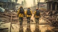 volunteer firefighters in a destroyed city, natural elements and war, made with Generative AI