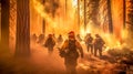 volunteer firefighters on forest fires, warming and climate change, made with Generative AI