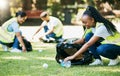 Volunteer group, nature park and cleaning for community service for clean environment, recycling and pollution. Black