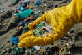 Volunteer hand with yellow gloves collect micro plastics collects plastic from beach sand. Environment, pollution Royalty Free Stock Photo